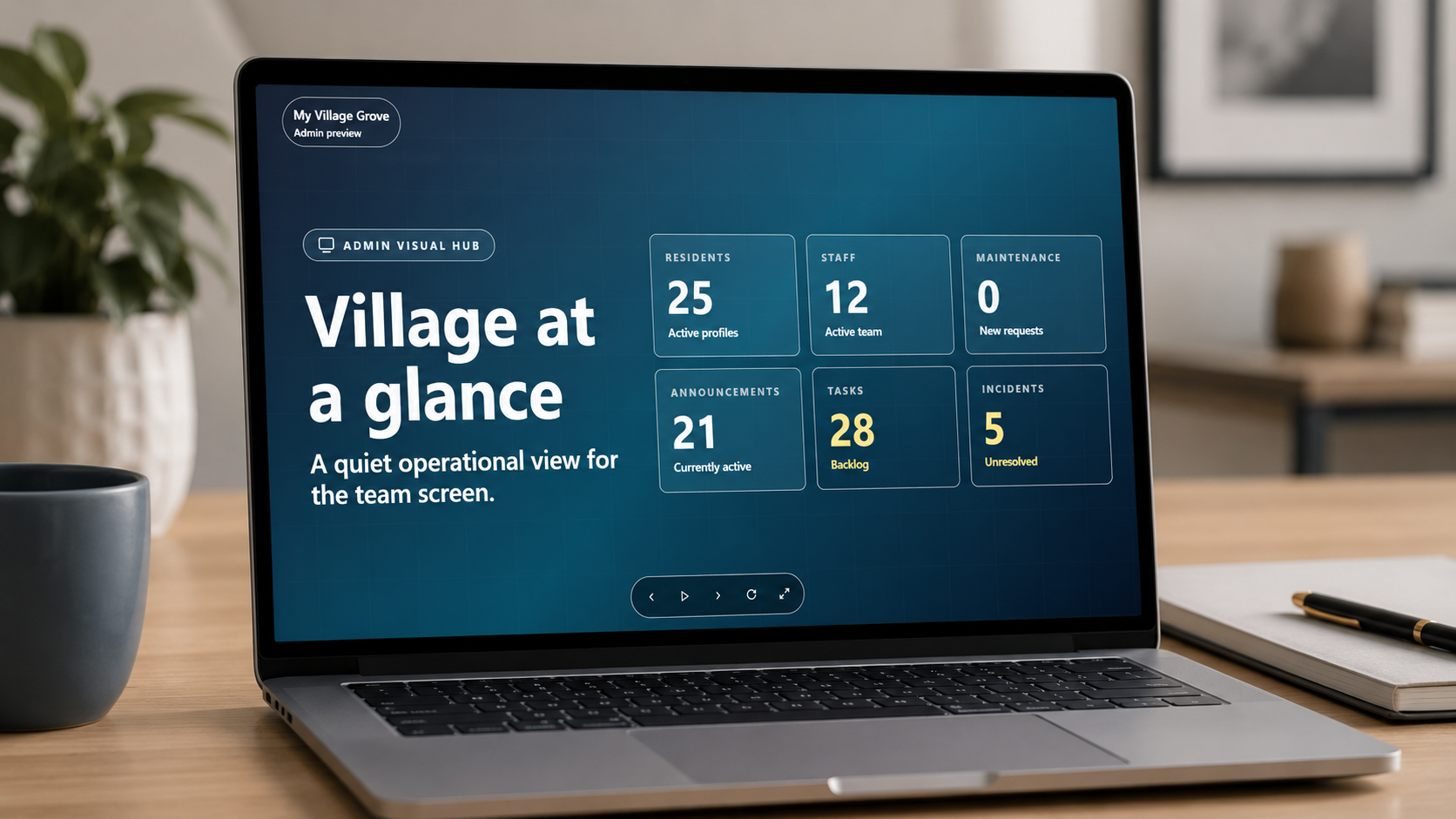 Laptop showing Operator Command Centre, Village at a glance with resident, staff, maintenance, announcements, tasks and incidents tiles.