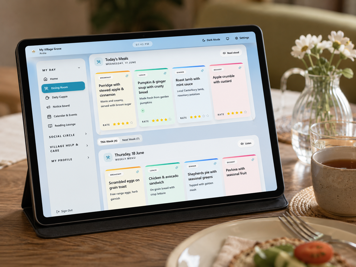 Today's menu screen with clear dietary icons and large meal photos.