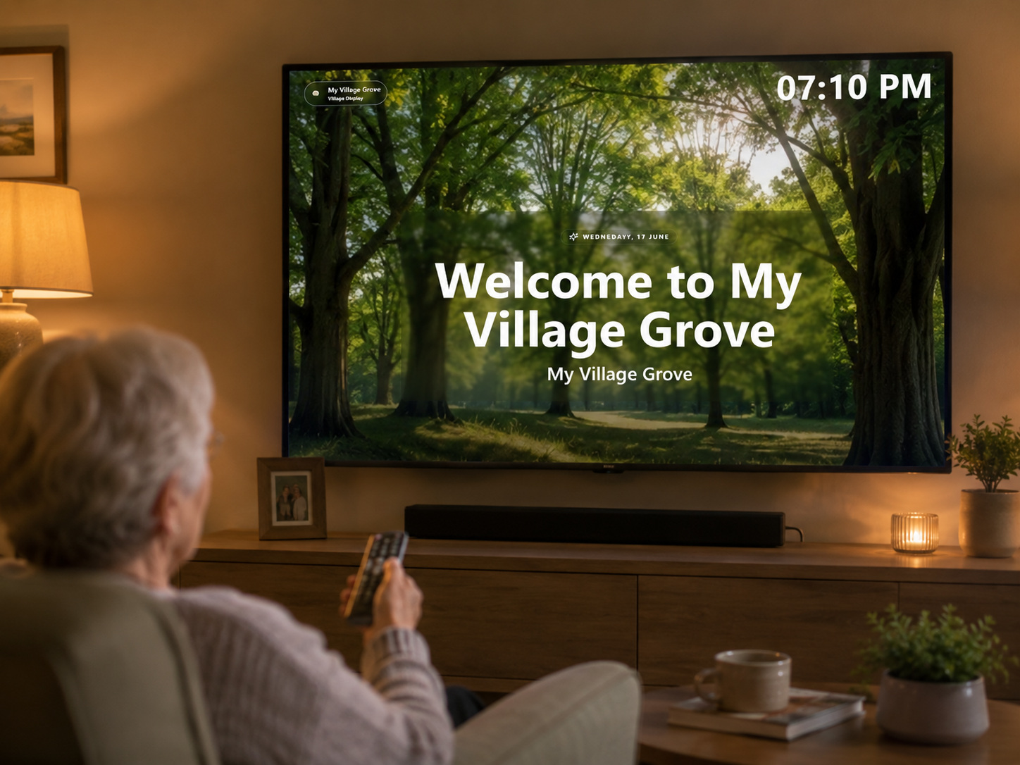 A large TV in a warm lounge showing the PiP Display Hub: today's lunch, the next event, and a resident birthday card.