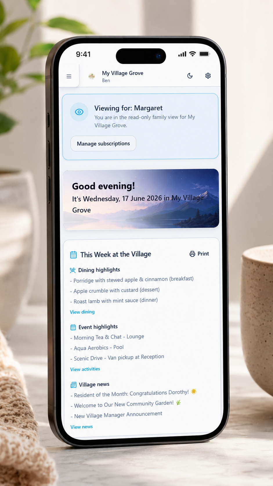Phone showing the automated Weekly Family Summary with photos, highlights and a 'sent by staff' badge.