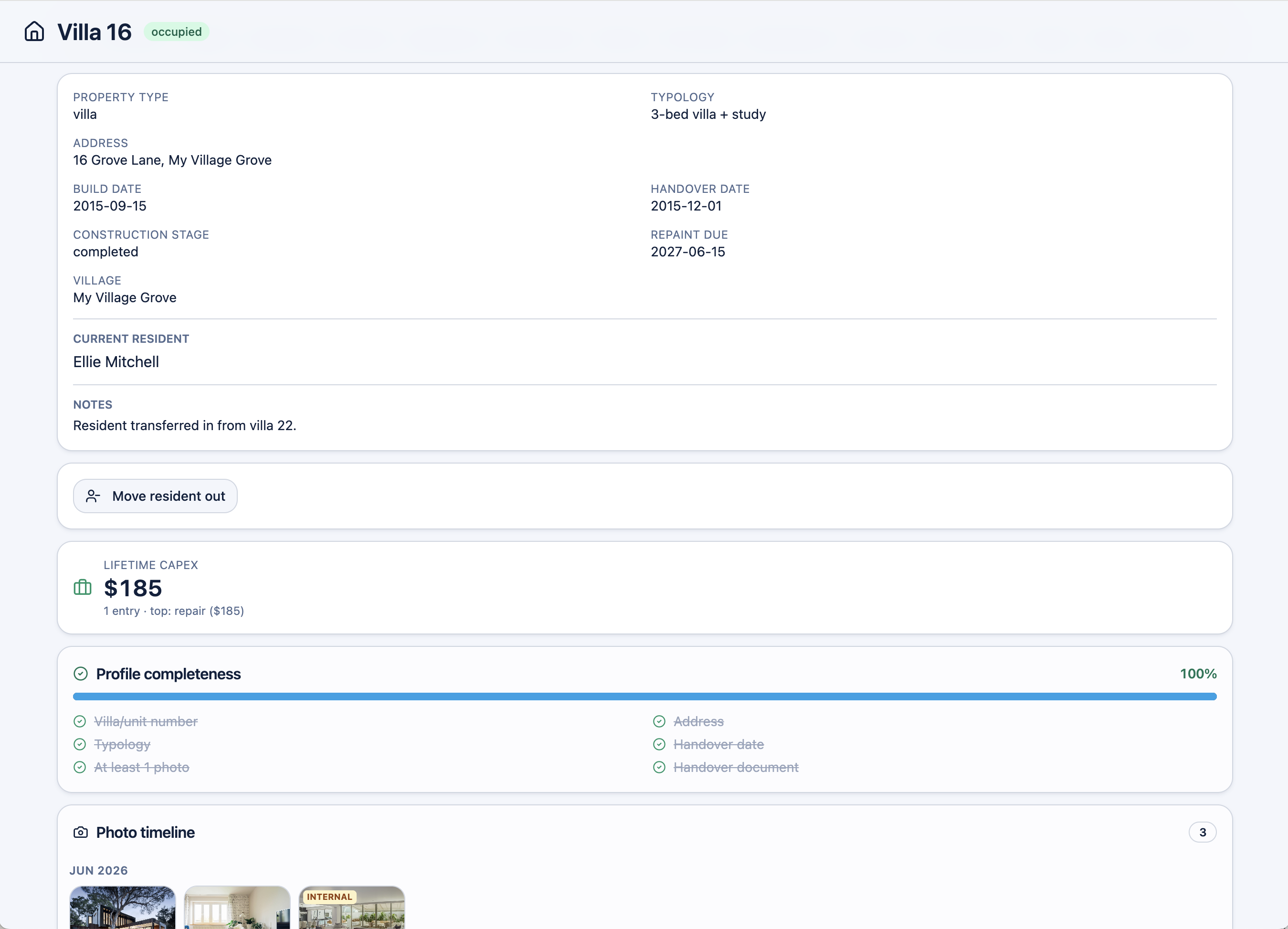 Operator UI: a villa detail drawer with finishes, appliance list, warranty radar and turnover checklist.