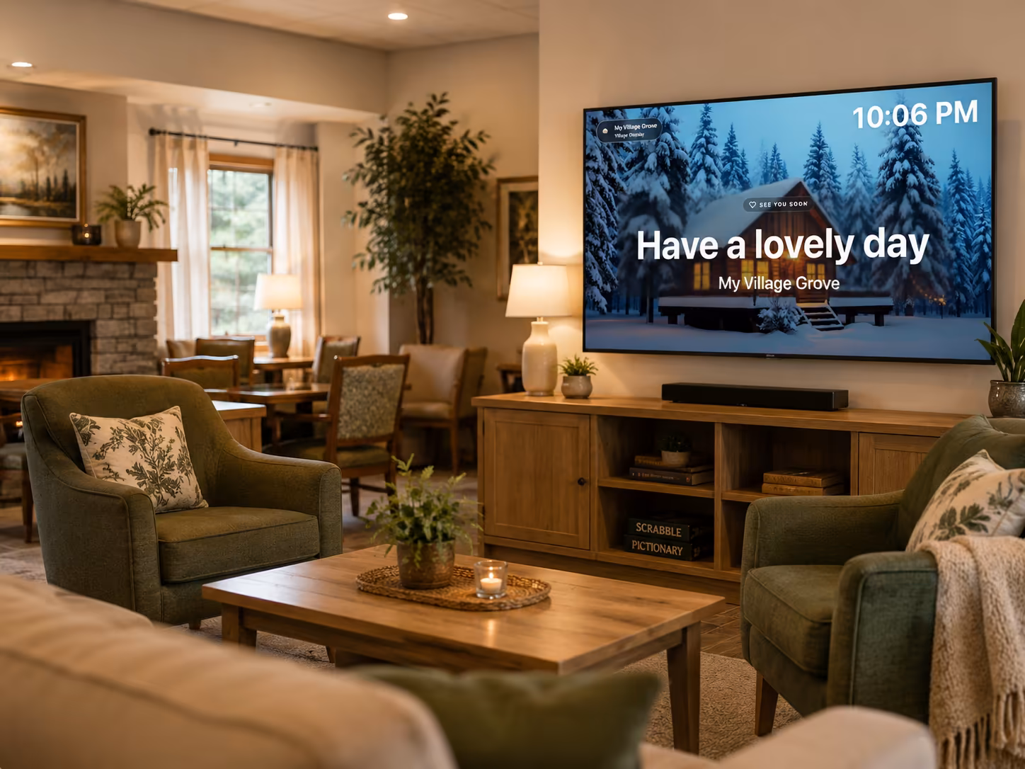 A warm village dining room with a Display Hub TV in the corner.