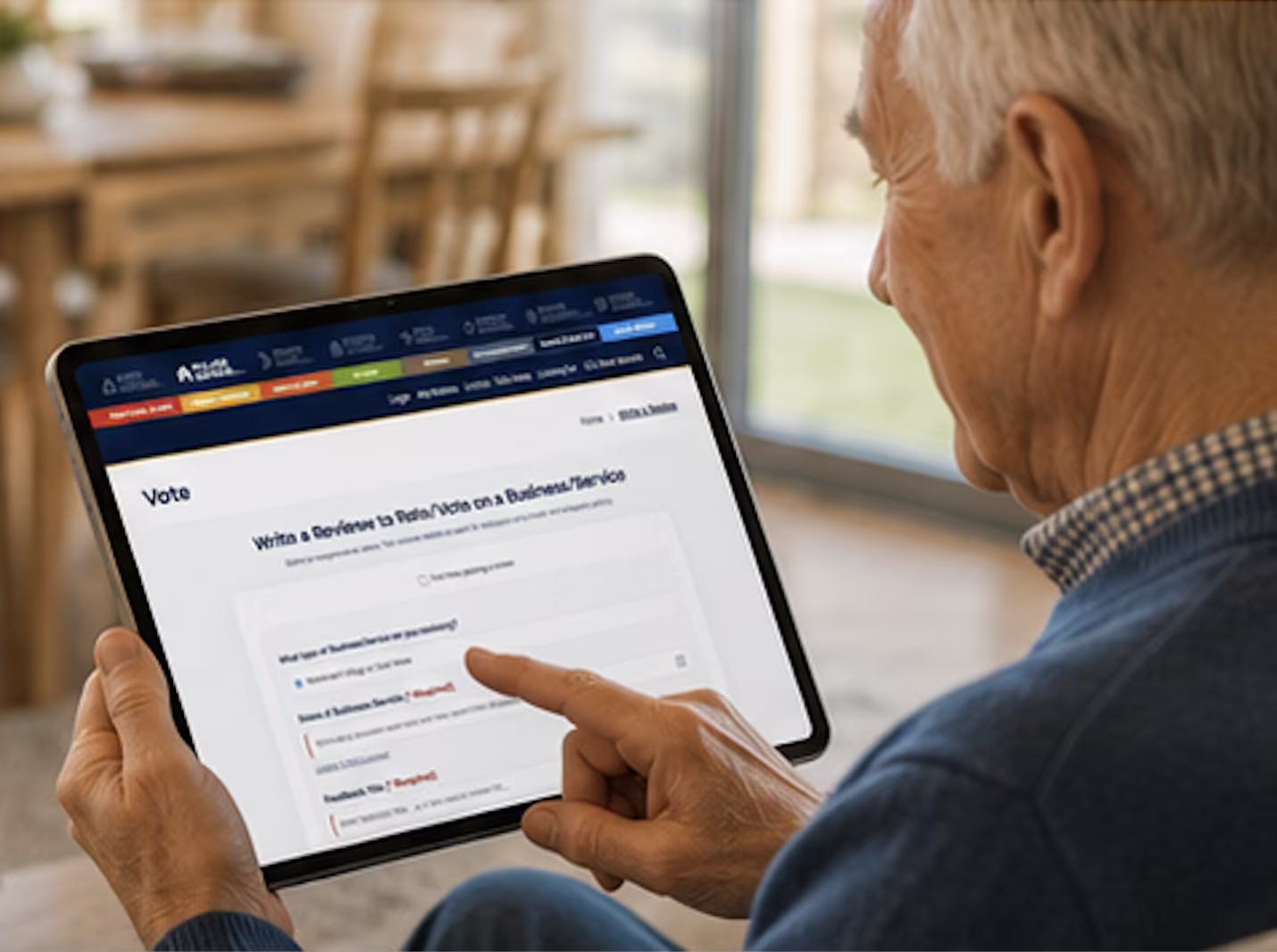 Warm photo of an older couple reading retirement village reviews together on a tablet at home.