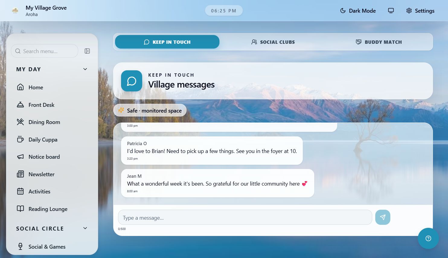 My Village Grove keep-in-touch screen with village messages