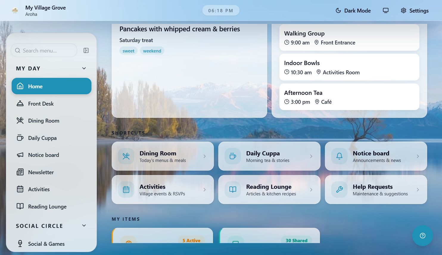 Walking group, indoor bowls and afternoon tea in the My Village home screen