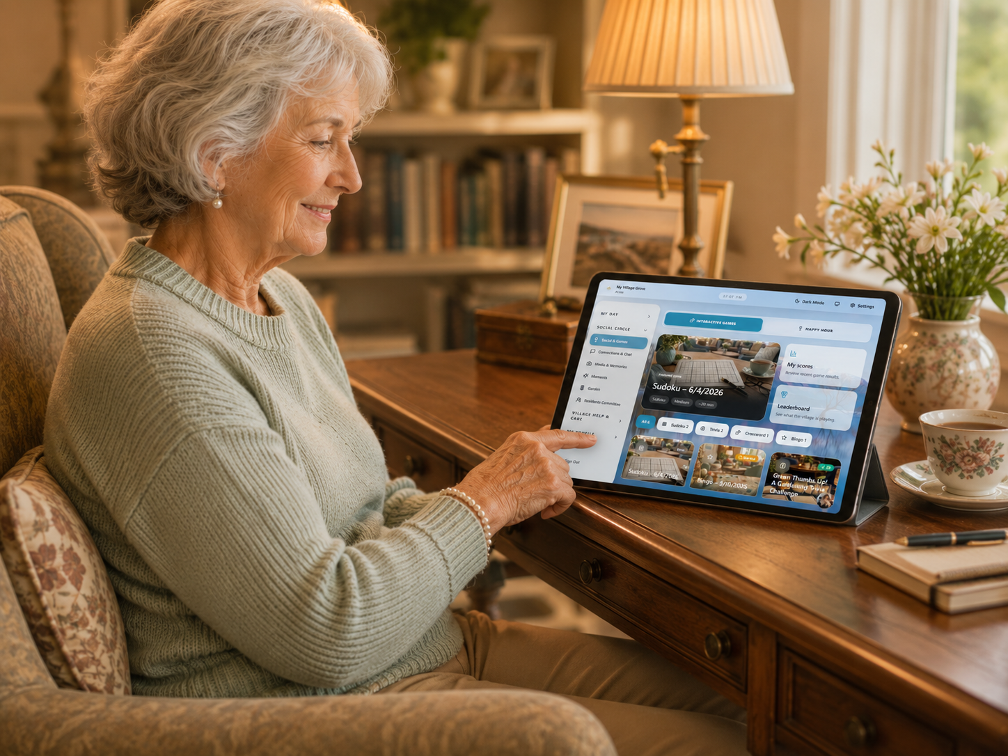 Resident enjoying My Village on a tablet